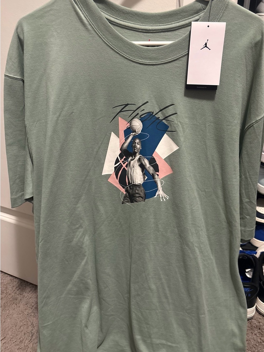 Jordan Women’s Sage Green Short-Sleeve Tee with Retro Basketball Graphic